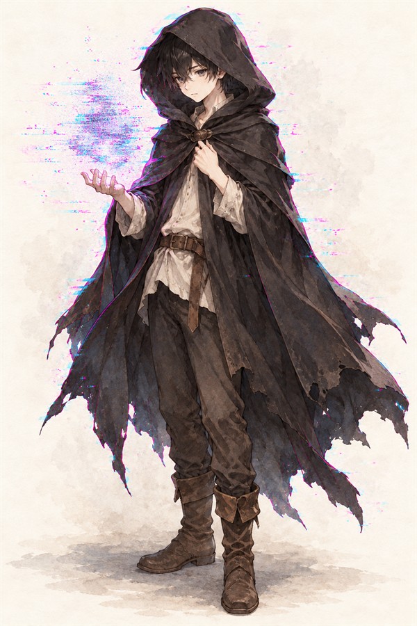 紡。フードを深くかぶった黒い外套の少年。手のひらの上に、色ずれしたノイズが揺れている