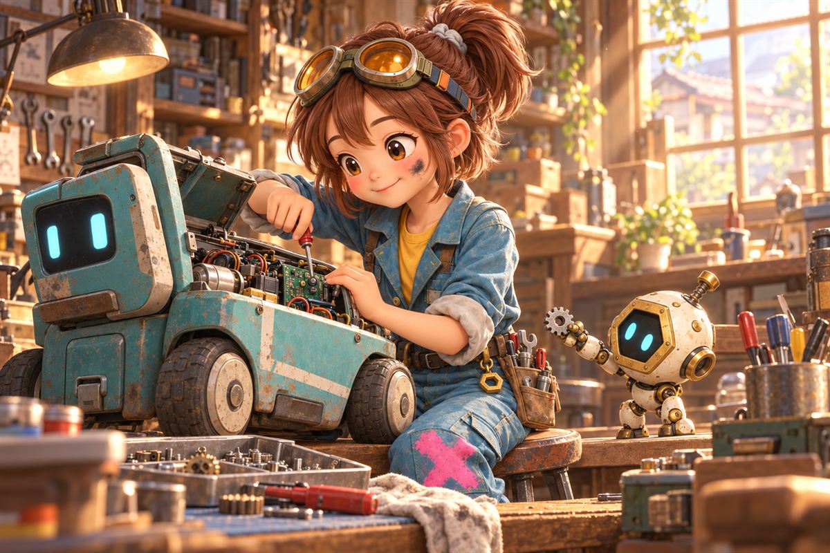 作業着のひばりが、青緑のロボットを修理している