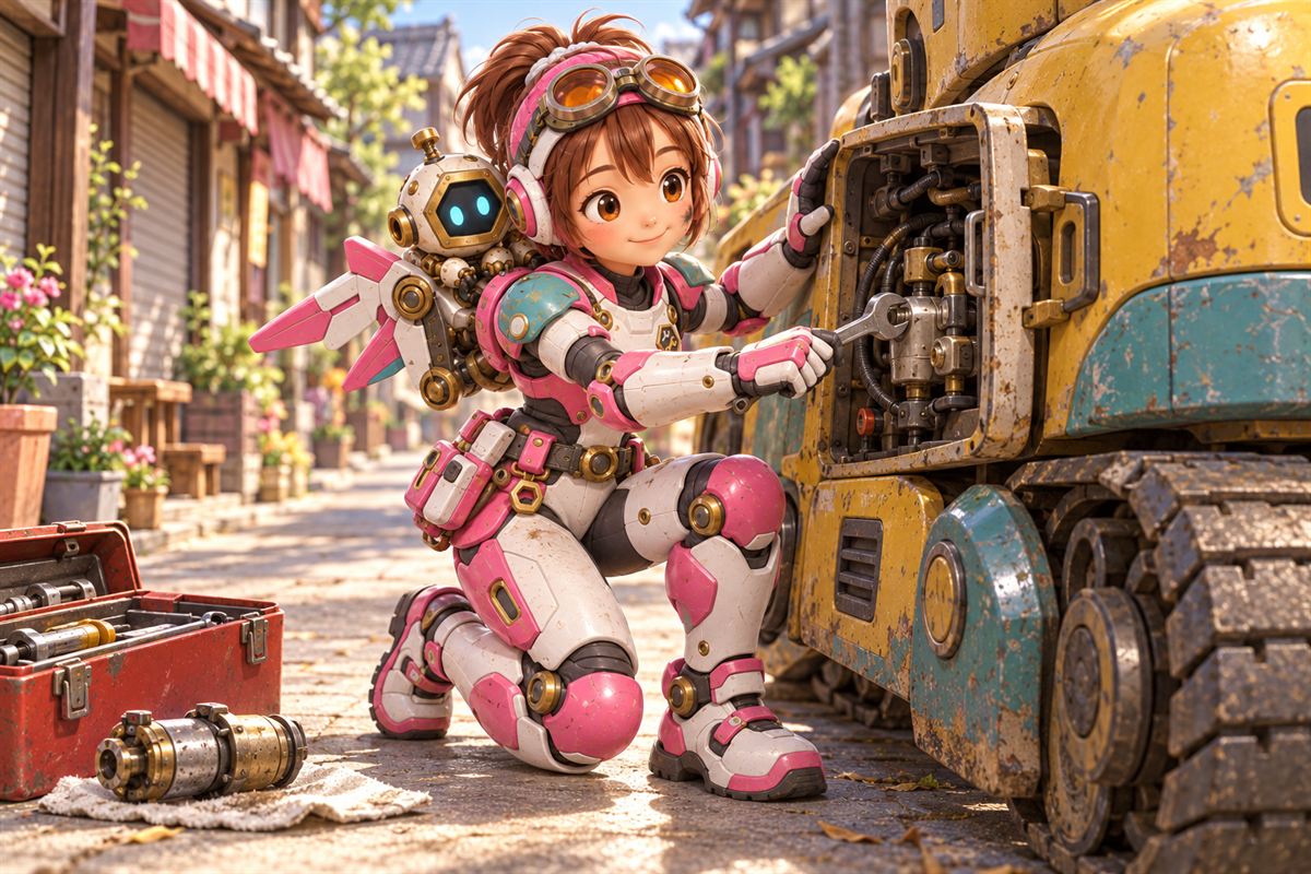 スーツ姿のひばりが、黄色い大きな重機を修理している