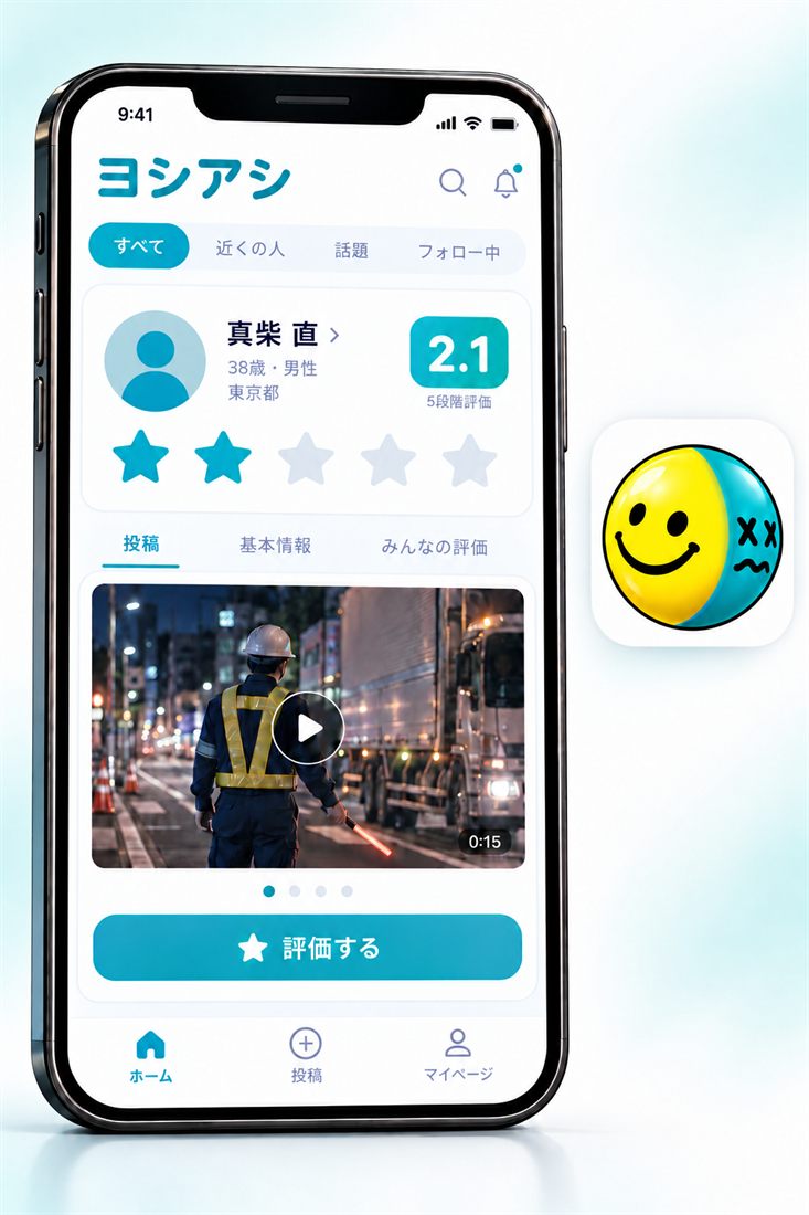 評価アプリ「ヨシアシ」の画面。真柴直の評価は2.1