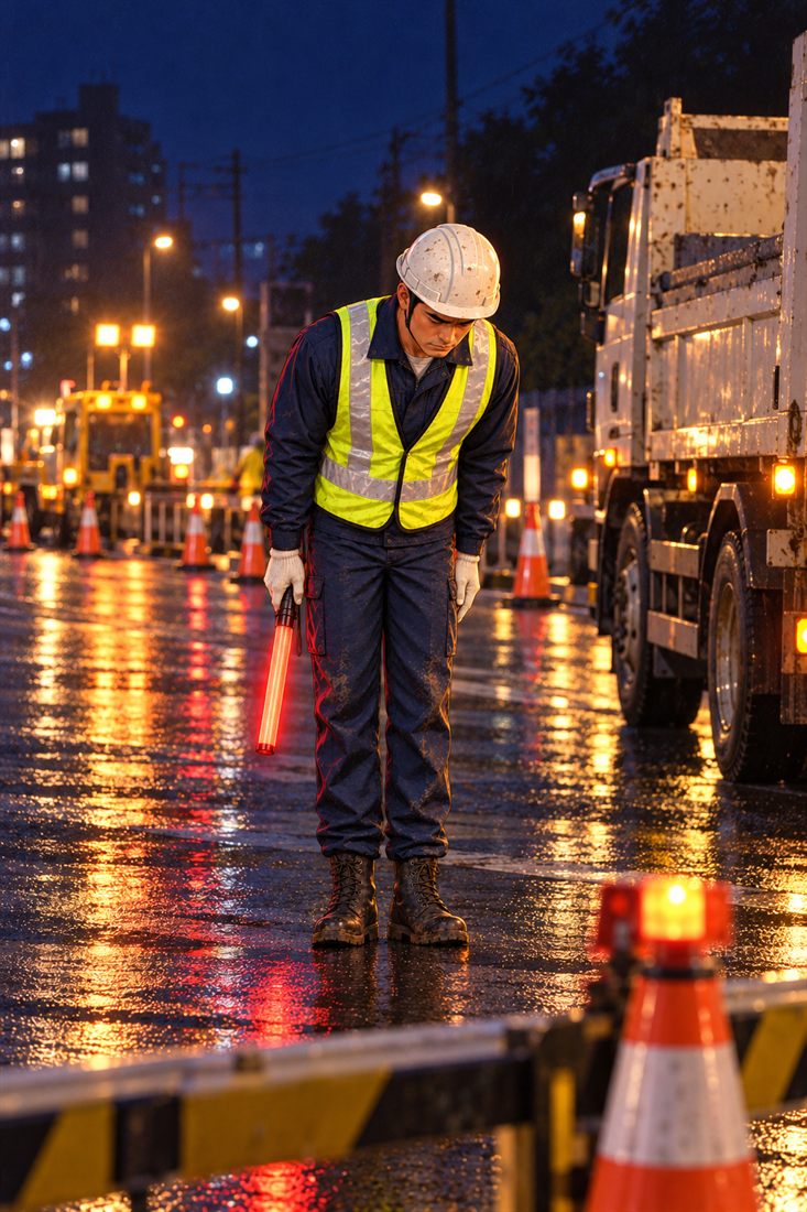 雨の夜、誘導灯を下げて頭を下げる真柴